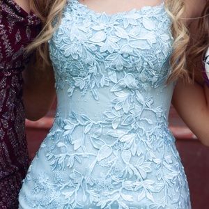 SHERRI HILL HOMECOMING dress size 0 blue lace tie back mini dress worn once